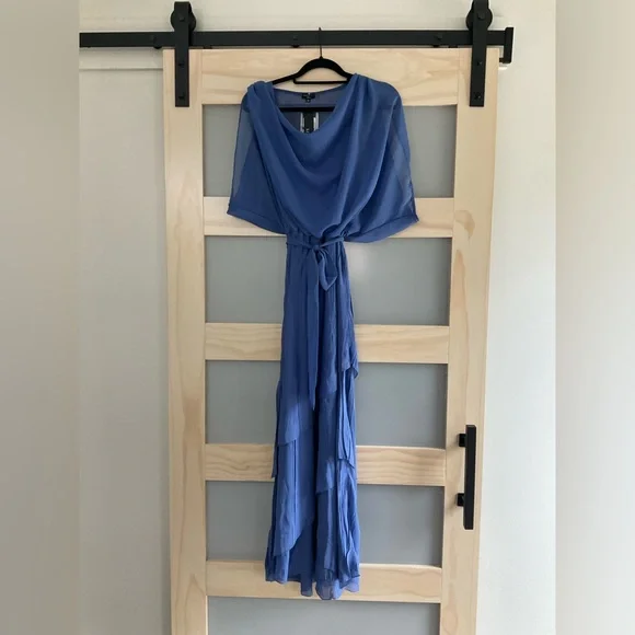 Komarov Charmeuse & Chiffon Blouson Gown Blue Pleated Tiered Maxi Dress M $488